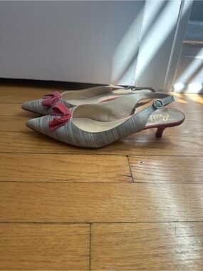 Butter Multicolor Striped Slingback Kitten Heels with Pink Bow